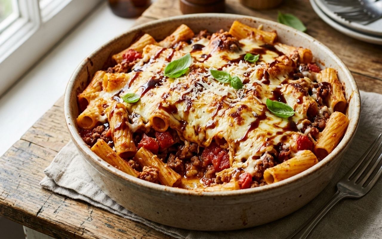 Rigatoni ao Forno com Queijo Coalho e Melaço de Cana